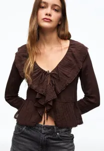 Деревенская блузка с длинными рукавами и оборками Bershka, Dark Brown