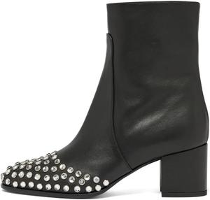 Женские модные ботильоны с круглыми носками, низким блочным каблуком, заклепками и стразами, боковая молния, для вечеринок и повседневной носки, размеры 4-16 US Wansseny, Black