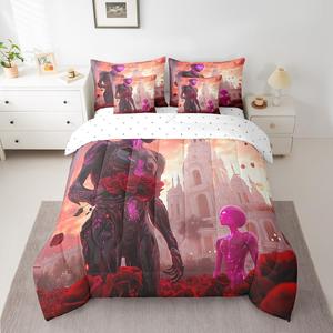 Erosebridal Комплект постельного белья Pink Robot с романтичным принтом замка и красными лепестками для спальни, Purple Red