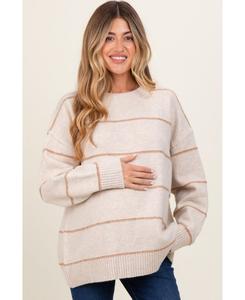 Свитер для беременных в оливковую полоску со спущенными плечами Pinkblush, Beige