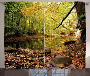 Штора ABAKUHAUS Деревенский пейзаж, Сосновая река осенью, присборенная тесьма для спальни с петлями и крючками, 280 x 245 см, цвет: зеленый, желтый, коричный Abakuhaus