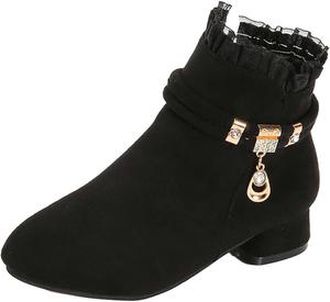 Девочкам низкие каблуки ботильоны на молнии с боку, замшевые, теплые, для улицы, короткие ботинки для езды, осень-зима, удобные праздничные ботильоны Generic, Black