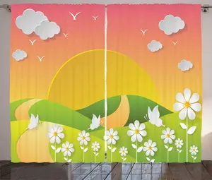 Штора ABAKUHAUS "Цветочный пейзаж в деревенском стиле", луговые цветы, присборенная тесьма для спальни с петлями и крючками, 280 x 225 см, цвет: желто-зеленый, коралловый Abakuhaus