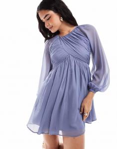 Легкое мини-платье ASOS DESIGN пыльно-синего цвета с открытой спиной и рукавами реглан