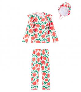 Купальник с рюшами и шапочка в цветочном принте Jellymallow, кремовый