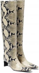 Женские высокие кожаные сапоги до колена - массивный каблук 7,5 см, заостренный носок, широкая голень, зимние стильные высокие сапоги NSZPD, Snake-Print