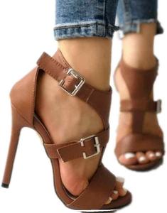 Женские сандалии ZBYY на высоком каблуке-стилете с открытым носком и ремешком на щиколотке, сандалии на шпильке для свадебного платья, Brown 9.5-10