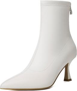 Ботильоны RIBONGZ для женщин, с низким каблуком, задняя молния, заостренный носок, элегантные с мехом, средняя голень, короткий каблук-стилет, модные кожаные и замшевые рабочие и нарядные туфли, White