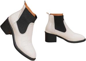 Женские блестящие кожаные ботильоны с принтом - ботильоны на низком массивном каблуке с эластичной тянущейся резинкой для широкой стопы Generic, White