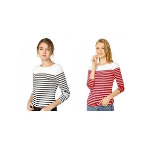 Набор из 2 женских повседневных футболок в полоску с длинными рукавами и цветными блоками ALLEGRA K, цвет Black White Red White