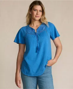 Женская туника-топ с рукавами-крылышками, кружевной отделкой и вырезом под горло Lands' End, синий