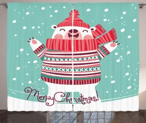 Штора ABAKUHAUS "Забавный медведь" в деревенском стиле, дизайн "Счастливого Рождества", универсальная тесьма для гостиной с петлями и крючками, 280 x 225 см, цвет: темно-розовый, морской волны, белый Abakuhaus