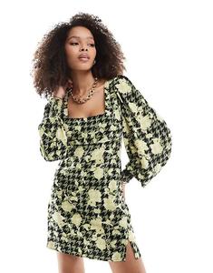 Мини-платье с квадратным вырезом и рукавами-блузонами в зелено-желтый цветочный принт ASOS DESIGN