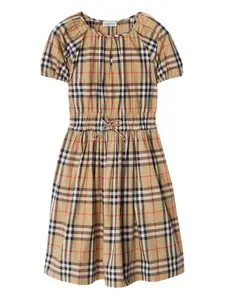 Клетчатое платье с объемными рукавами Burberry Kids, нейтральный