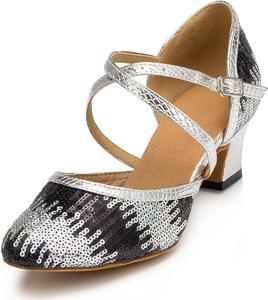 Женские босоножки на каблуке с пайетками, туфли-лодочки на каблуке, современные туфли для латиноамериканских танцев танго, туфли с перекрестным ремешком на щиколотке и пряжкой (Цвет: золотой, Размер: 6 UK) Generic