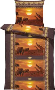 Комплект постельного белья из 4 предметов, 135x200 см, Africa Safari Elephants Savannah, коричневая микрофибра One-Home