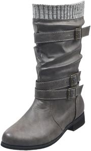 Женские модные сапоги средней длины до икры - с круглым носком, квадратным каблуком, теплой подкладкой, с декоративной пряжкой - подходят для осени и зимы. HoaloX, Grey