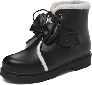 VOKLIN Women's Kawaii Lolita Bowtie Плоские платные ботинки на щиколотке Форма с круглой шнуровкой Короткие ботинки, Black-Velvet Lined