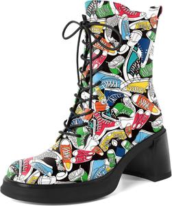 Женские боевые ботинки SAMMITOP на шнуровке, укороченные ботильоны с низким каблуком, массивной платформой, круглым носком и высотой каблука 2,5 дюйма, Multicolor Shoes