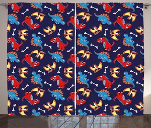 Штора ABAKUHAUS "Динозавр в деревенском стиле", забавный детский мультфильм, универсальная, с петлями и крючками, для гостиной, 280 x 225 см, темно-синий, оранжево-красный Abakuhaus