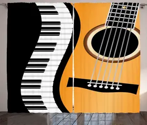 Штора ABAKUHAUS Music Rustic, с изображением клавиш фортепиано и гитары, универсальная тесьма для гостиной с петлями и крючками, 280 x 225 см, цвет: антрацитово-серый, оранжевый Abakuhaus