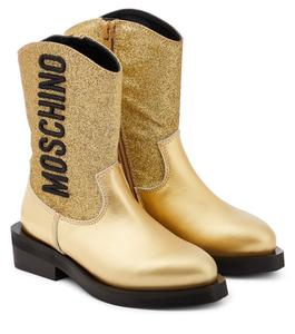 Ковбойские сапоги из кожи с блестками и логотипом Moschino, золотой