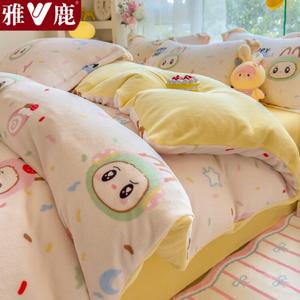 Yalu Комплект постельного белья из 4 предметов (простыня на резинке 180 см, пододеяльник 200х230 см), цвет S萌布布, ткань — утепленный молочный велюр