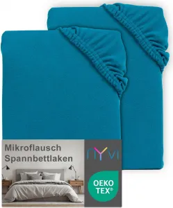 Простыня на резинке DreamScience Microfleece 180 x 200 - 200 x 200 см Petrol, 2 шт. в упаковке для матрасов высотой до 22 см - мягкая и теплая простыня на резинке NYVI