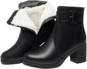 Женские ботинки Niiyyjj из натуральной кожи, теплые шерстяные военные ботинки, с круглым носком, на высоком каблуке, больших размеров, ботильоны, Black Wool