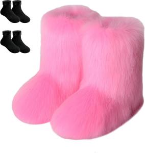 Женские короткие зимние сапоги с искусственным мехом, пушистые и мягкие, удобные, средние по голенище, на плоской подошве, модные, для свиданий, прогулок, фото и путешествий. В комплекте 2 пары носков с флисовой подкладкой. Generic, 12