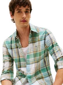 Мужская фирменная рубашка TOMMY HILFIGER с длинным рукавом и застежкой на пуговицы, классического кроя, коллекция 2025 года, Madras Frosted Evergreen Multi 5182.300