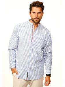 Behype Рубашка с длинными рукавами, в полоску, прямого кроя, со стоячим воротником, синего цвета