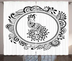 Штора ABAKUHAUS в восточном деревенском стиле, павлин и цветы, для спальни, со сборками, петлями и крючками, 280 x 225 см, цвет: антрацитовый серый и белый Abakuhaus