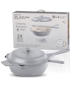 Керамическая сковорода Zuka объемом 1,25 кварты (4,8 л) с антипригарным покрытием, многофункциональная, 10 в 1, с крышкой и нейлоновой ложкой GraniteStone, Grey