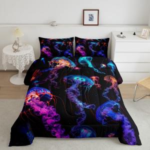 Erosebridal Комплект постельного белья Jellyfish с морскими животными в стиле кавай, Black Teal Blue Purple