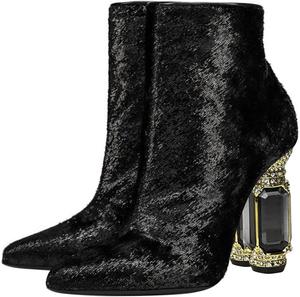Женские ботильоны FSJ с острым носком, кристаллами, массивным каблуком и боковой молнией, блестящие, повседневные, модные, осенние, размеры US 4-15, Black Fur
