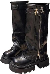 Женские панк-сапоги на платформе до колена с пряжкой, толстой подошвой и эффектом увеличения роста Generic, Black