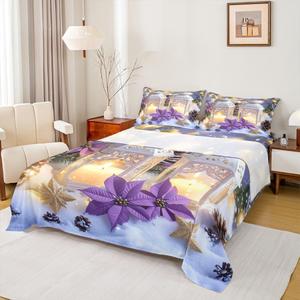 Erosebridal Комплект постельного белья с новогодним принтом в фиолетовых тонах с цветами и шишками, Purple Golden