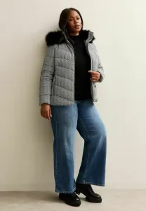 Зимнее пальто-пуховик с капюшоном и принтом в елочку. New Look Curves, Black Pattern