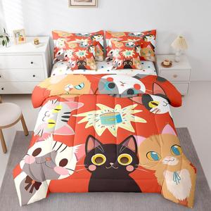 Erosebridal Комплект постельного белья Kids Cat с утеплителем, детский дизайн с котятами, милые питомцы, Red Black Grey