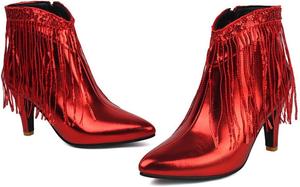 BLXQPYT Женские кожаные ботильоны на высоком каблуке с острым носком в западном стиле, золотые и серебряные с кисточками и пайетками, модные ботинки с боковой молнией