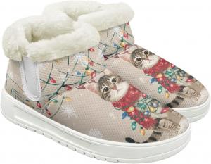 Меховые ботинки для женщин зимние снежные ботинки с теплой флисовой подкладкой, на мягкой подошве, удобные, без застежки, противоскользящие Cugasmaru, Cat Christmas Lights