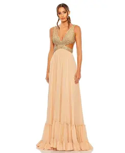 Женское платье со шнуровкой, украшенное стразами и вырезами Mac Duggal, золотой
