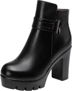 Женские короткие кожаные ботинки Yiozoi, высокие, ветронепроницаемые, осенне-зимние, офисные туфли, с боковой молнией, на высоком каблуке, повседневные ботильоны, Black