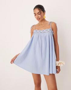 Пляжное мини-платье ASOS DESIGN Fern с отделкой ришелье в цвете «ледяной голубой»