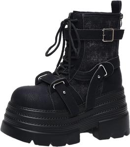 Женские панк-ботинки Y2K с квадратным носком, массивной платформой и высоким каблуком, шнуровка, пряжка, молния сзади, противоскользящие, для повседневной носки ZQW, Black