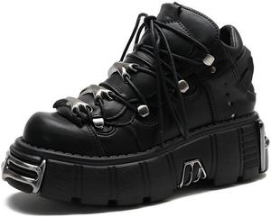 JMdfcqer Женские черные готические ботильоны на платформе с шнуровкой, массивным каблуком и металлическими элементами в стиле панк