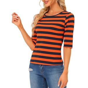 Женская повседневная футболка с принтом и круглым вырезом с рукавами до локтя ALLEGRA K, цвет Orange Navy Blue