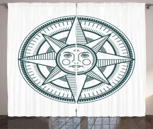 Штора ABAKUHAUS Compass Rustic, с изображением солнца и навигации, универсальная ленточная штора для гостиной с петлями и крючками, 280 x 225 см, цвет темно-бирюзовый белый Abakuhaus