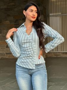 Блузка Ls в полоску с асимметричным воротником и пуговицами Truedames, зеленый